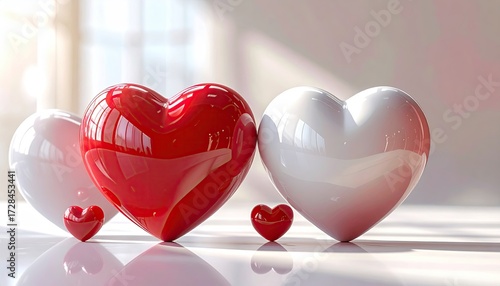 Three glossy hearts, red and white, of varying sizes, sit on a reflective surface, bathed in soft sunlight near a window.  A smaller red heart rests near each large heart