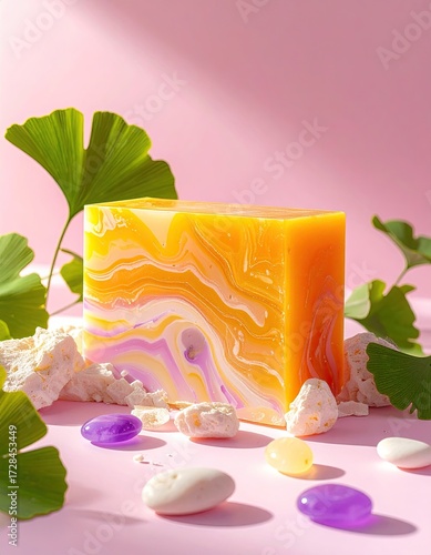 Swirled yellow and purple artisan soap bar rests on pink background amongst ginkgo leaves and stones, bathed in sunlight