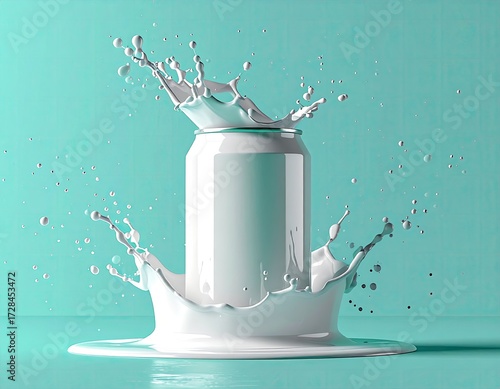 White can, surrounded by a dynamic splash of white liquid, against a teal backdrop