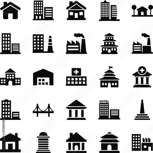 Collection of diverse building icons for urban and residential design
