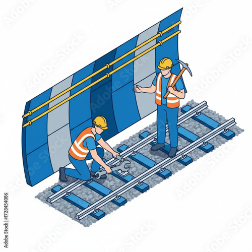 Railway track maintenance workers in safety vests and helmets fixing train rails inside tunnel, professional isometric illustration

