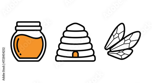 Illustration Vector Set with Honey Jar Beehive and Wings in Modern Minimalist Style