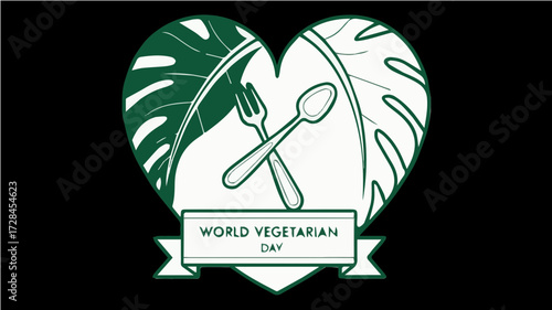 A heart-shaped design featuring crossed utensils, leaves, and text celebrating vegetarianism.