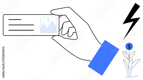 Hand holding ID card, bold lightning bolt, and money plant sprouting a coin. Ideal for identity, financial growth, innovation, sustainability, business strategy, motivation simple flat metaphor