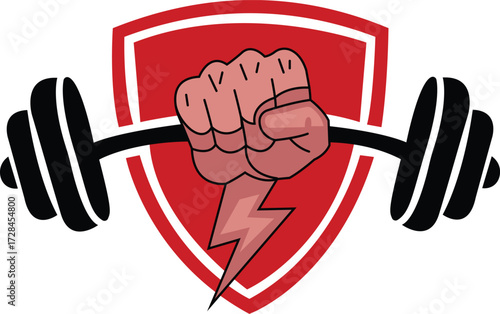 Weightlifting fist with lightning isolated on white background, strength symbol