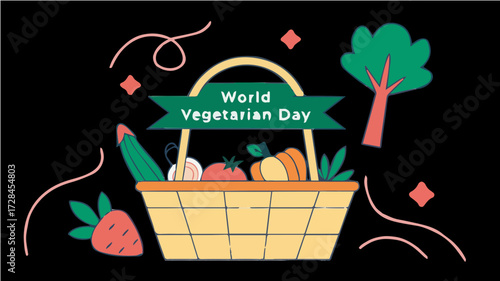 A basket filled with fresh vegetables and fruits, celebrating World Vegetarian Day, against a dark background with decorative elements.