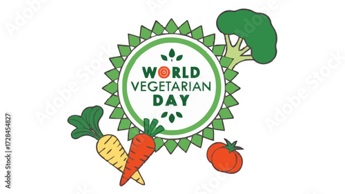 Illustration celebrating World Vegetarian Day with carrots, broccoli, and tomato arranged around a circular logo.