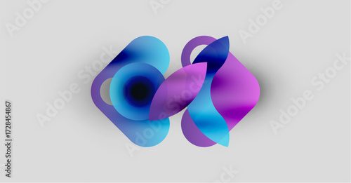 Abstract shapes overlap, creating vibrant blue, purple gradients. Soft glow enhances visual depth, modern aesthetic.