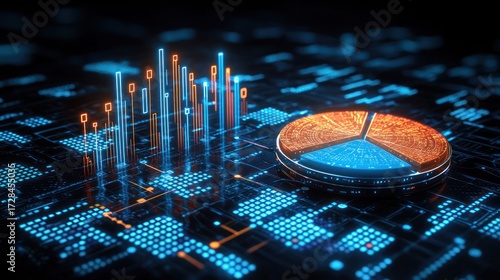 Glowing bar & pie charts overlayed on digital circuit board background