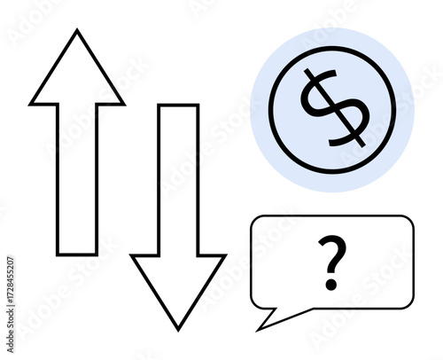 Up and down arrows, dollar symbol in a circle, and question mark in a speech bubble. Ideal for finance, decision-making, economics, stock market, investment uncertainty budgeting. Simple flat