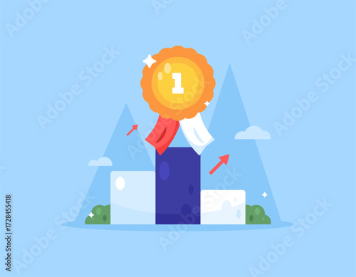 a concept of achievement and reward. First place, awards, prizes, competitions and contests. Illustration of a podium with rankings and medals. Flat style design. Blue background