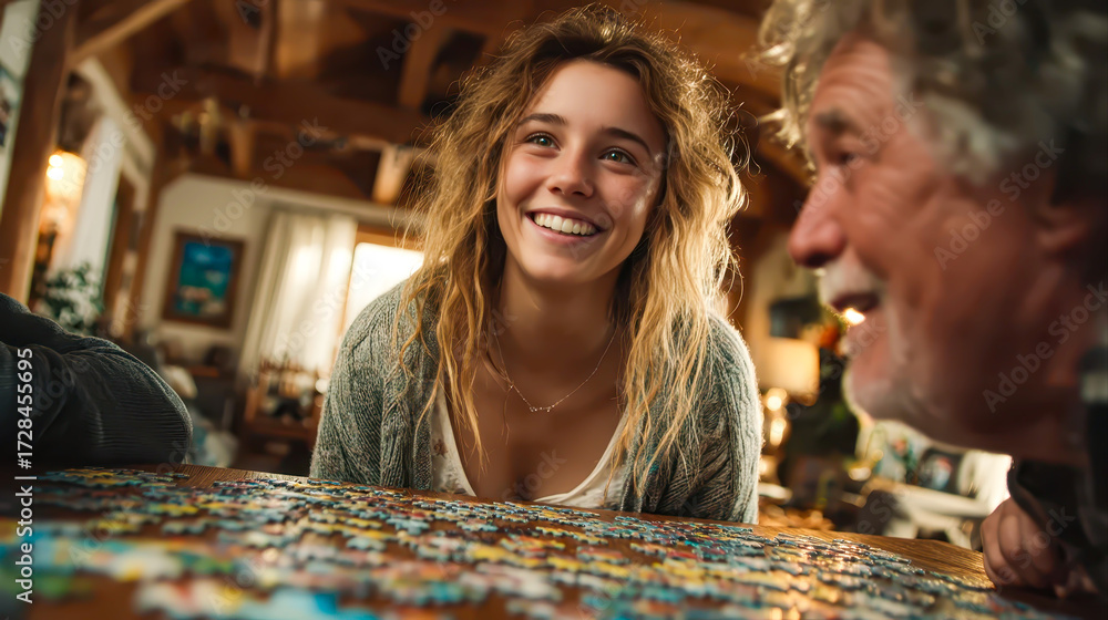 Fototapeta premium Family joyful time assembling a big puzzle in a cozy home