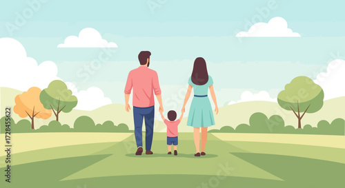 Family Vector Illustration of Parents with Child Walking in Park Modern Style