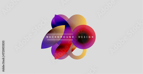 Abstract colorful shapes overlap, creating dynamic visual effect. Background features gradients, text elements, modern design.