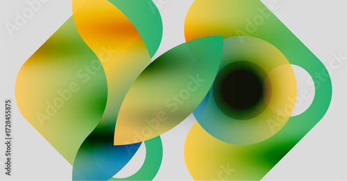Abstract composition featuring overlapping translucent shapes. Colors blendyellows, greens, bluescreating soft gradients. Minimalist design, modern aesthetic.