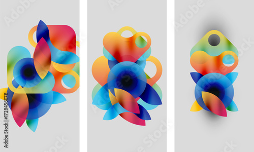 Abstract colorful shapes overlap, creating vibrant compositions. Three panels display similar designs with slight variations, soft gradients present.