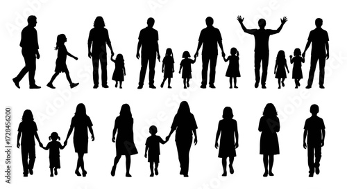 Silhouettes of families and children holding hands, showcasing diverse family structures and togetherness.
