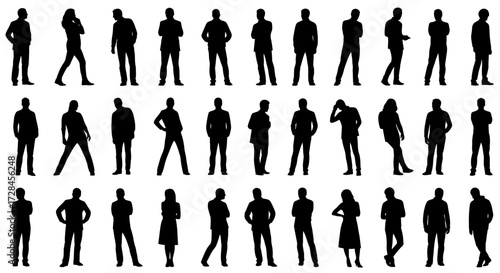Collection of diverse human silhouettes in various standing and walking poses, suitable for graphic design resources.