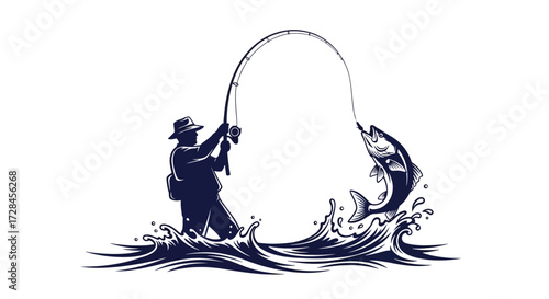 Silhouette of a fisherman reeling in a fish from the water, with waves splashing.