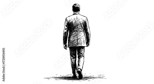 Man walking away, back view, sketch style illustration.