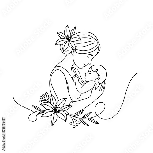 Mom hugs child. Mother and baby line art. Motherhood and newborn concept. Happy mother line vector illustration. Happy mother day