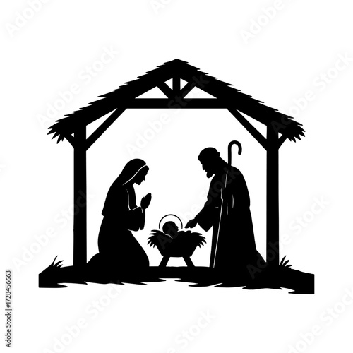 Christmas scene. Vector silhouette of traditional Christian symbols of the holy night. Family holidays. Sacred elements for holiday cards.
