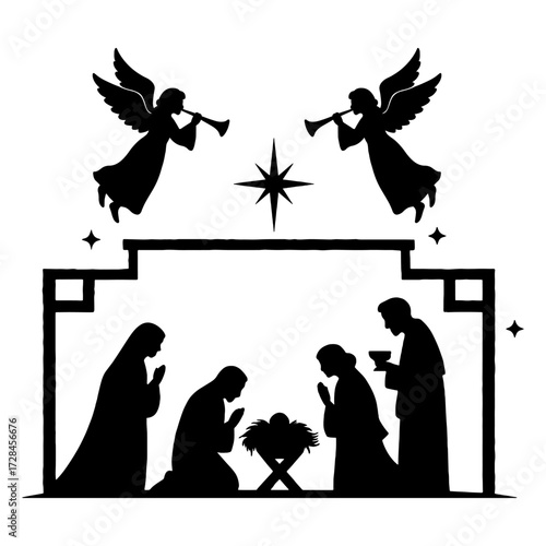 Christmas scene. Vector silhouette of traditional Christian symbols of the holy night. Family holidays. Sacred elements for holiday cards.