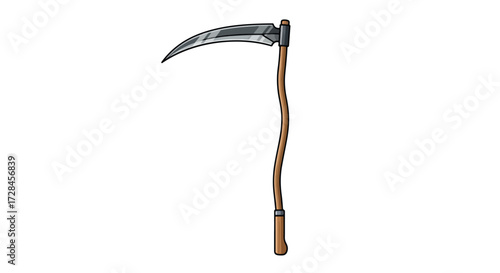 Illustration of a scythe with a curved blade and wooden handle.