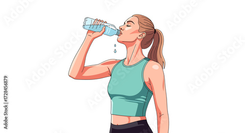 Active woman with ponytail drinks water from bottle after workout