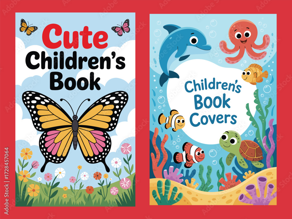 Obraz premium Cute Butterfly Children’s Book Cover with Flowers. Bright and Playful Children’s Book Illustration Design. Fun Kids Book Cover Artwork with Cute Characters. Colorful Ocean Animals Children’s Book Cove