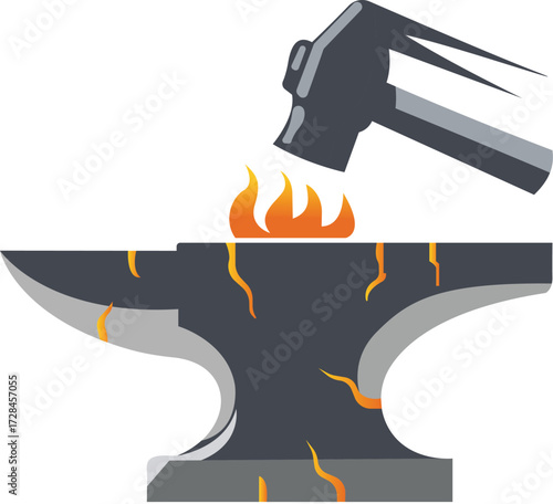 Anvil and hammer with fire logo isolated on white background illustration