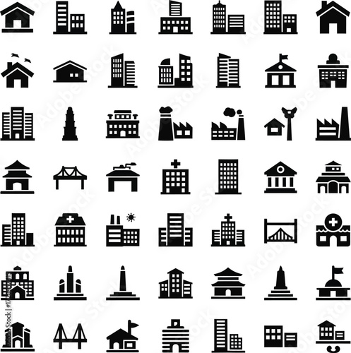 Collection of diverse building icons representing various architectural styles and functions