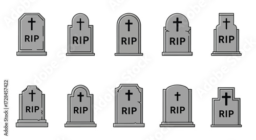 Collection of gravestones with RIP inscriptions, in a variety of shapes and styles, all in grayscale.
