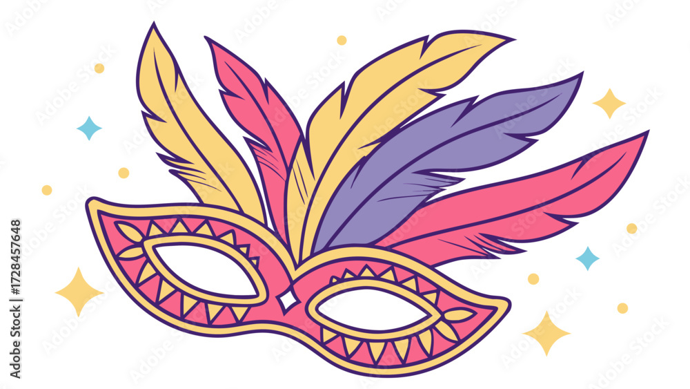 Fototapeta premium Party Mask with Feathers and Glitter, Carnival Celebration Vector Element, Festive Costume Accessory Clip Art for Masquerade and Festival SVG