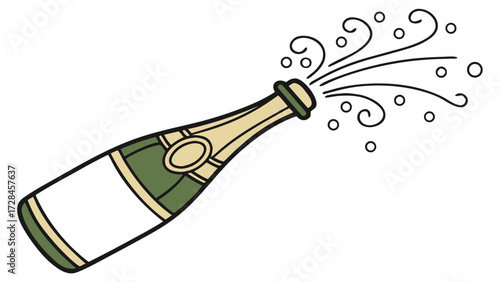 Champagne Bottle Popping with Cork and Fizz, Celebration Drink Vector Clip Art Illustration SVG