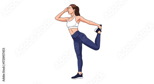 Woman in athletic attire performing a standing quad stretch for exercise and wellness
