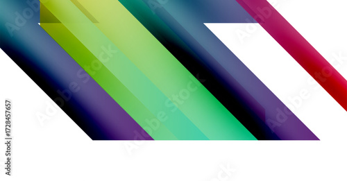 Abstract colorful stripes overlap creating dynamic visual effect. Bright gradients transition smoothly across composition. Modern design element.