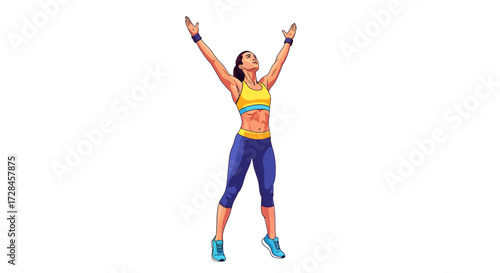 Woman performing jumping jacks exercise with arms raised in a dynamic fitness pose
