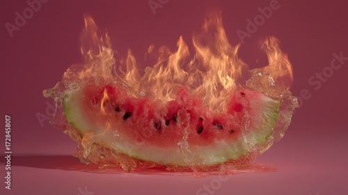 A surreal, dramatic close-up of a slice of watermelon actively on fire. The image juxtaposes cool, refreshing fruit with destructive flames against a deep pink background