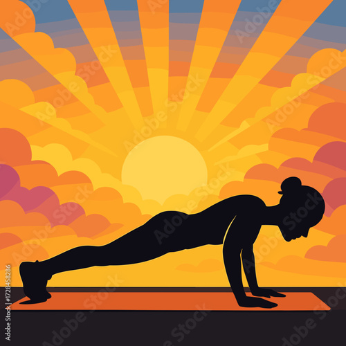 Silhouette of a woman doing push-ups against a vibrant sunrise background