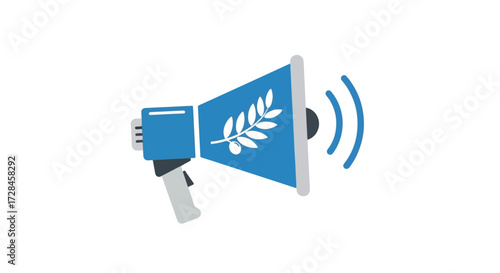 Blue megaphone with a white olive branch symbol, promoting peace and communication.