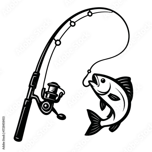 Black outline illustration of a fishing rod and a caught fish