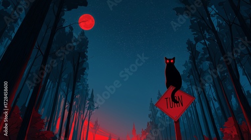 A dark, gothic illustration of a black cat with glowing red eyes, perched on a road sign in a dense forest. A large blood red moon creates an eerie, chilling atmosphere