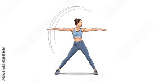 Athletic woman in sportswear performing arm circle exercise for a dynamic warm-up routine