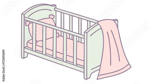 Cradle with Soft Blanket and Pillow, Pastel Vector Illustration for Newborn Sleep, Nursery Decor, Infant Care, Parenting Products and Baby Room Interior Design