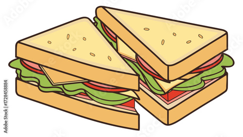 Sandwich with Layers of Bread Cheese Meat and Veggies Vector and Transparent PNG Clip Art, Fast Food and Lunch Icon for Café, Restaurant, and Celebration Design