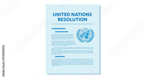 Illustration of a United Nations resolution document with the UN logo on a light blue background.