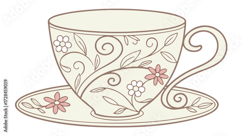 Teacup with Saucer and Floral Pattern Elegant Vintage Vector and Transparent PNG Illustration, Classic Tea Drinkware Icon for Café, Kitchen, and Romantic Celebration Design