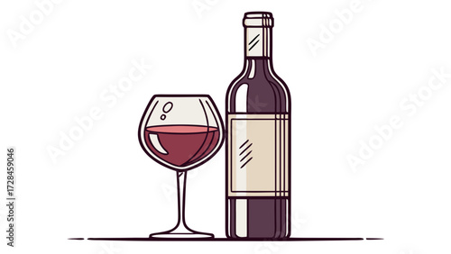 Glass of Red Wine with Bottle Elegant Vector and Transparent PNG Illustration, Romantic Drink Icon for Valentine’s Day, Wedding, Celebration, and Fine Dining Design