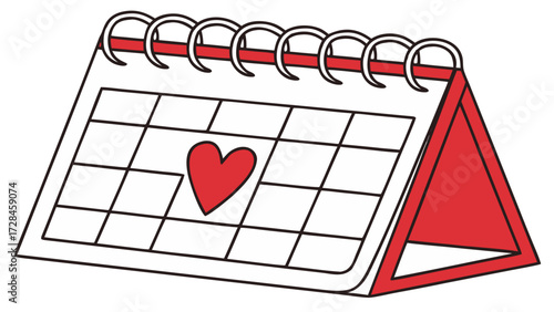 Love Calendar with Red Heart Mark on Date Vector and Transparent PNG Clip Art, Romantic Valentine’s Day and Relationship Reminder Icon for Wedding and Celebration Design